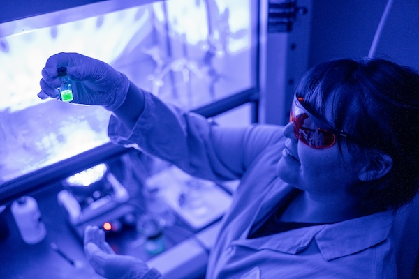 Chemistry student looks at a vial under black light.